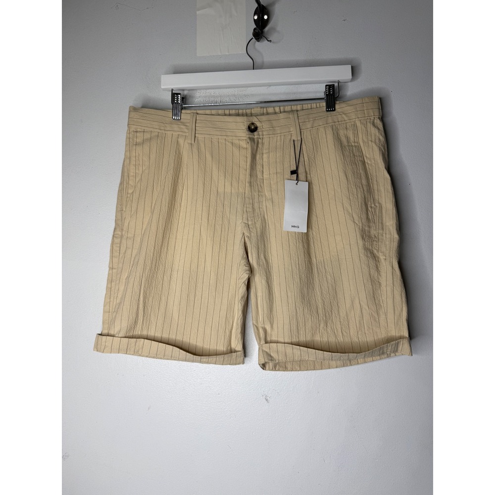NWT mango beige stripe mens Bermuda rolled hem cotton linen shorts size 36